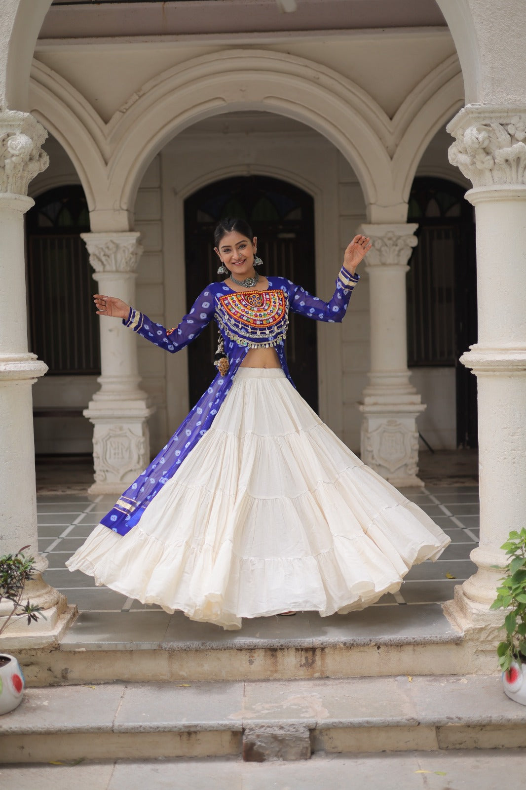 A Designer Bandhani Print Kurti with Kora Cotton Lehenga