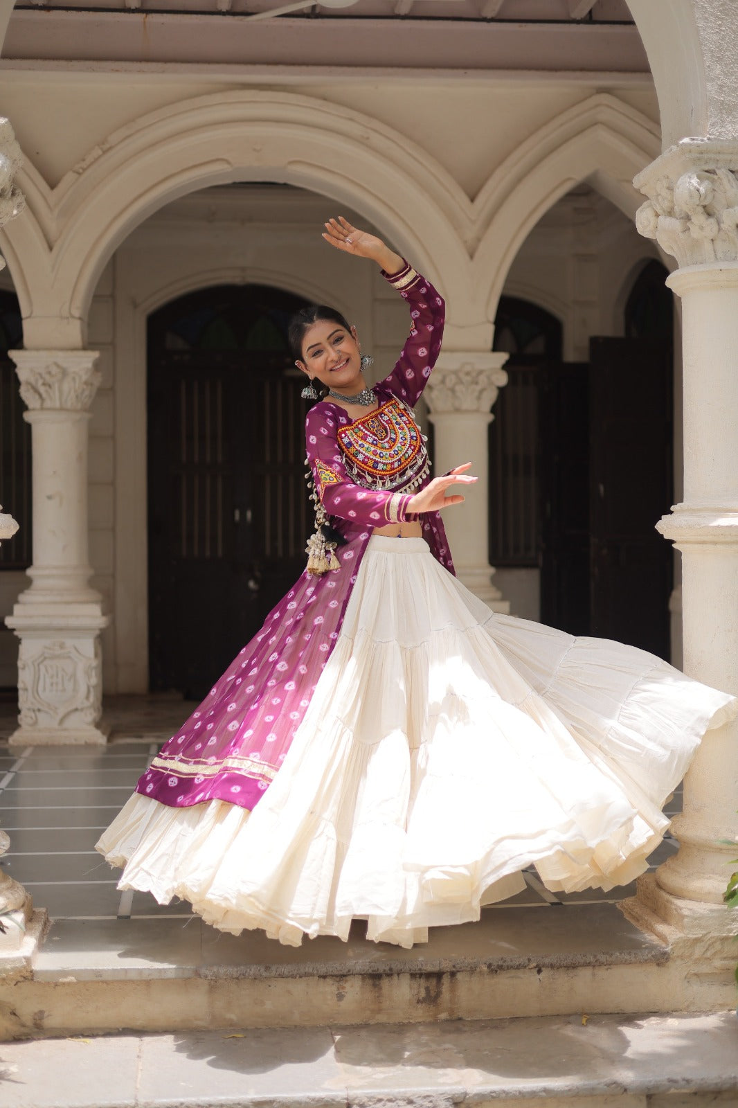 A Designer Bandhani Print Kurti with Kora Cotton Lehenga