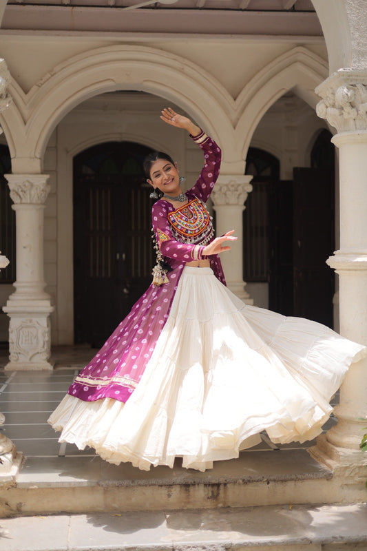 A Designer Bandhani Print Kurti with Kora Cotton Lehenga