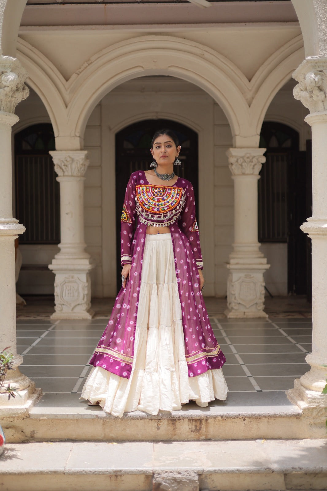 A Designer Bandhani Print Kurti with Kora Cotton Lehenga