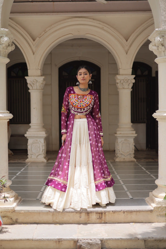 A Designer Bandhani Print Kurti with Kora Cotton Lehenga