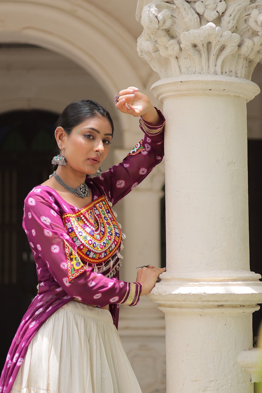 A Designer Bandhani Print Kurti with Kora Cotton Lehenga