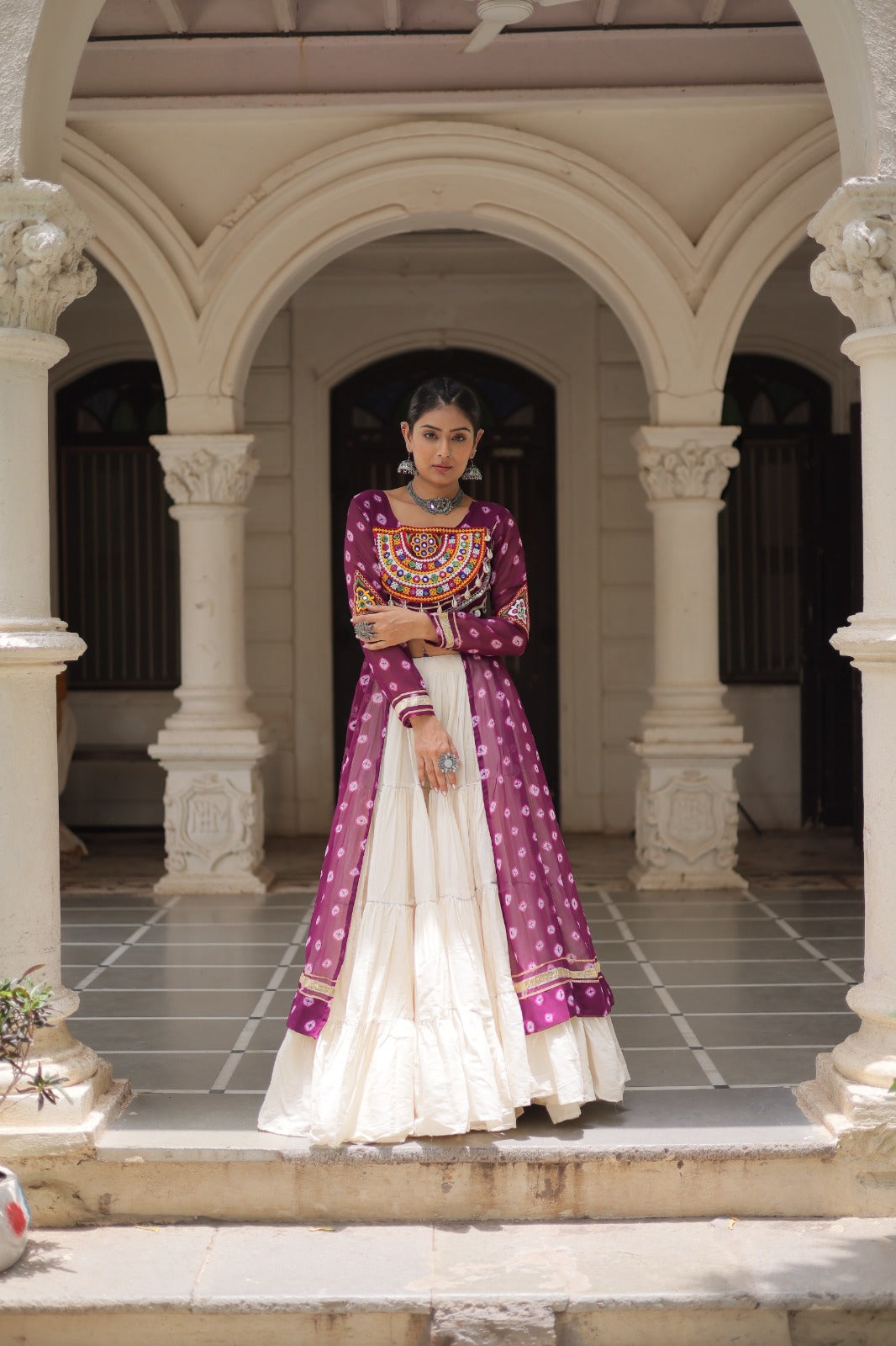 A Designer Bandhani Print Kurti with Kora Cotton Lehenga