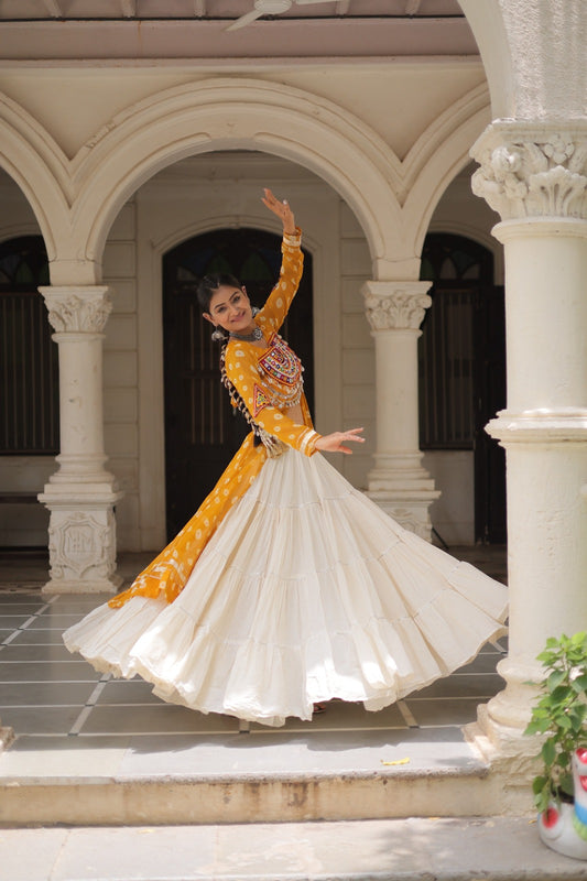 A Designer Bandhani Print Kurti with Kora Cotton Lehenga