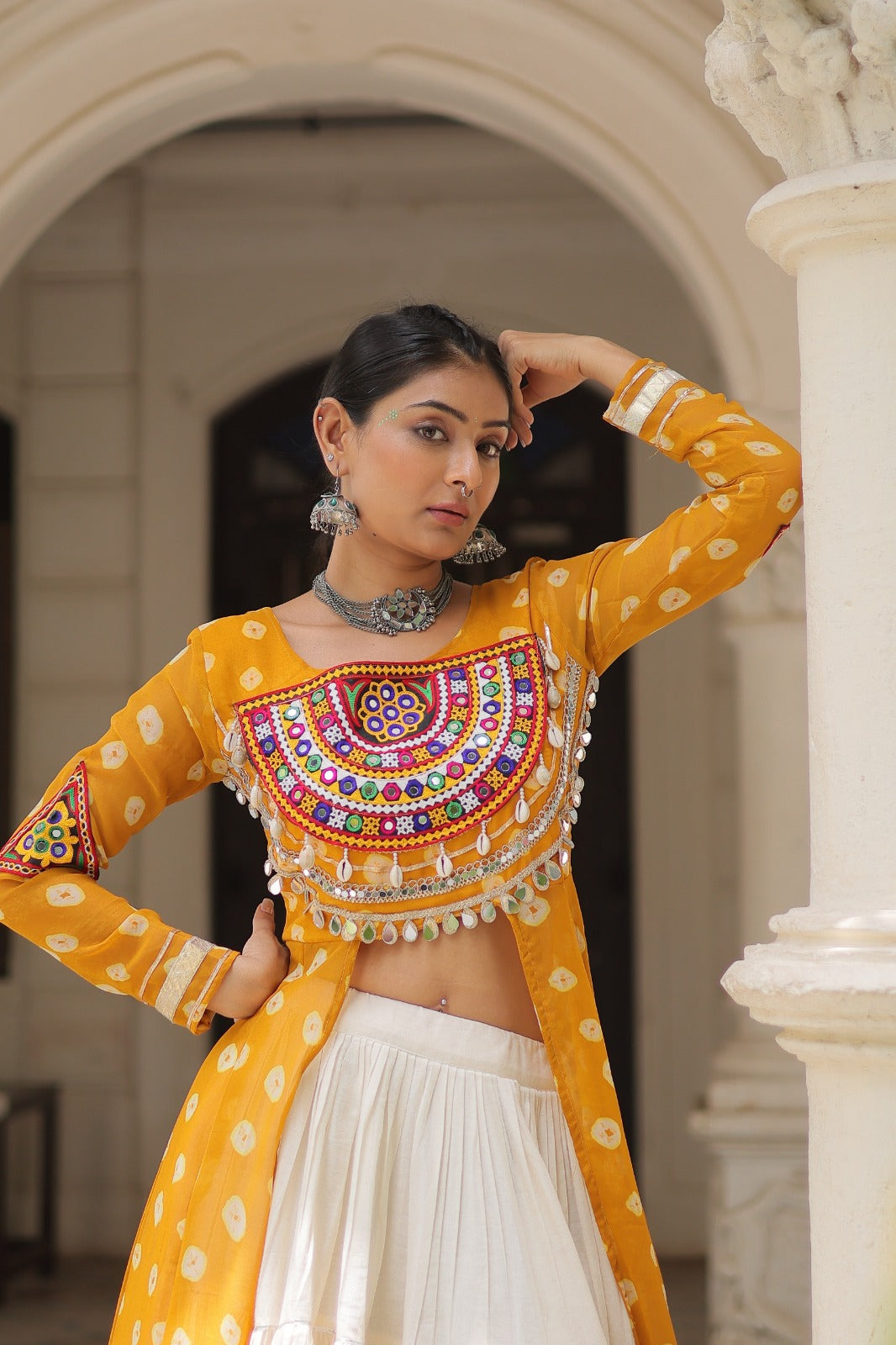 A Designer Bandhani Print Kurti with Kora Cotton Lehenga