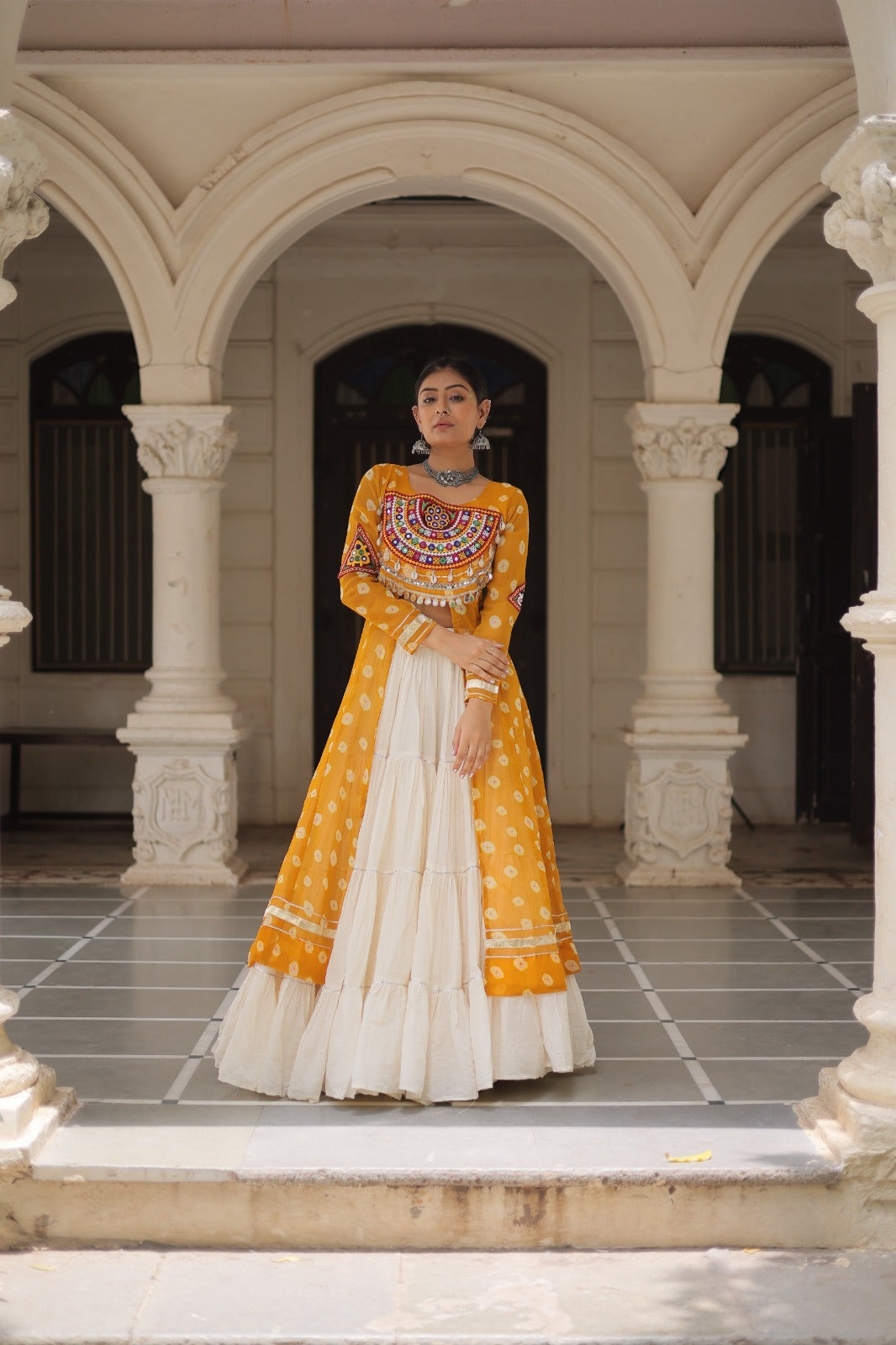 A Designer Bandhani Print Kurti with Kora Cotton Lehenga