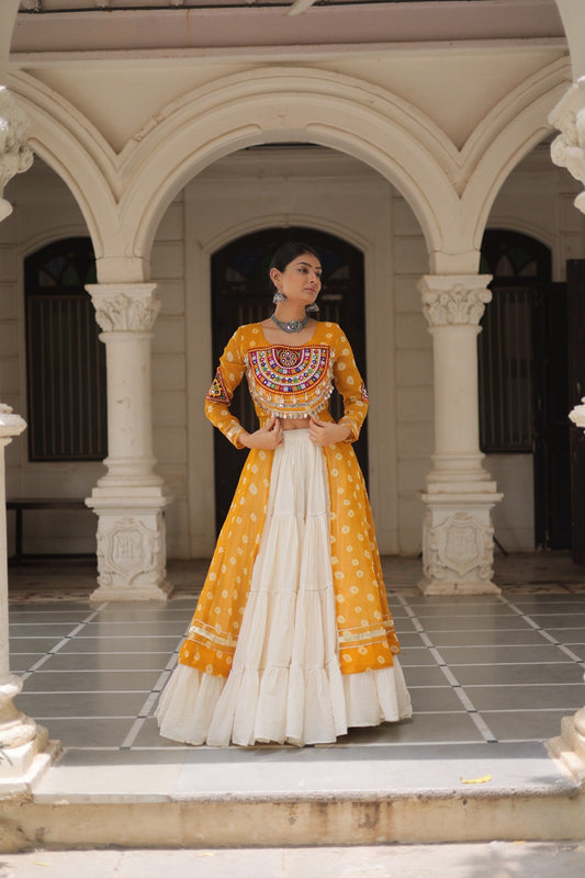 A Designer Bandhani Print Kurti with Kora Cotton Lehenga