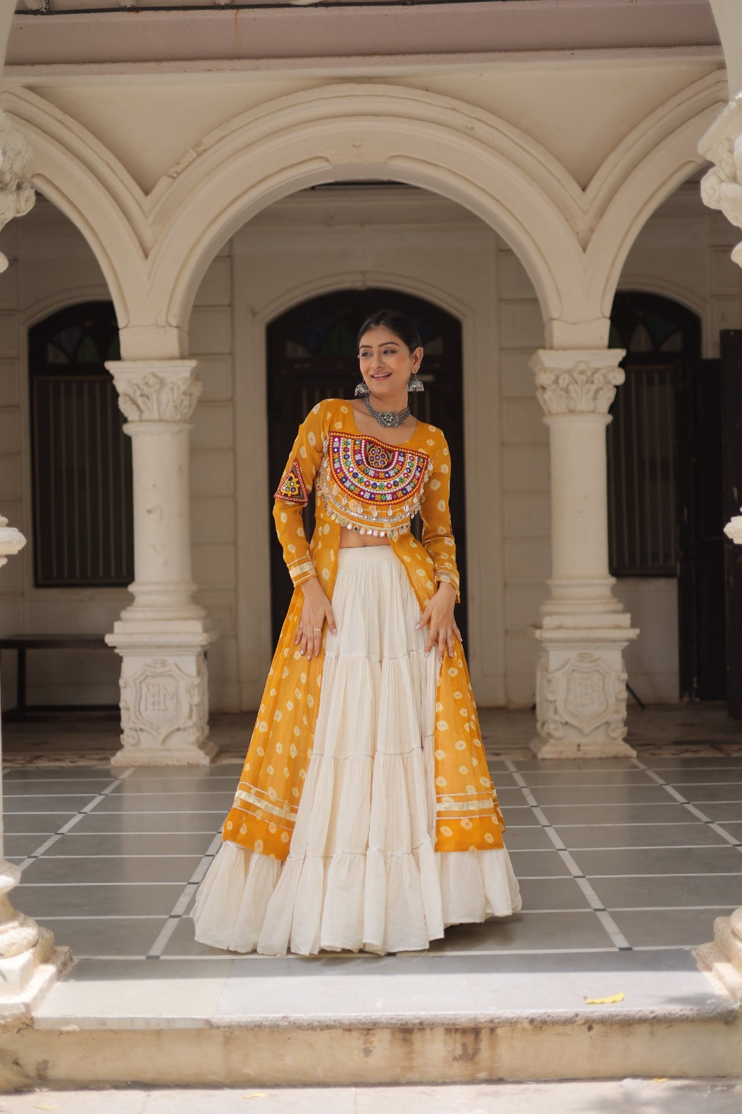 A Designer Bandhani Print Kurti with Kora Cotton Lehenga