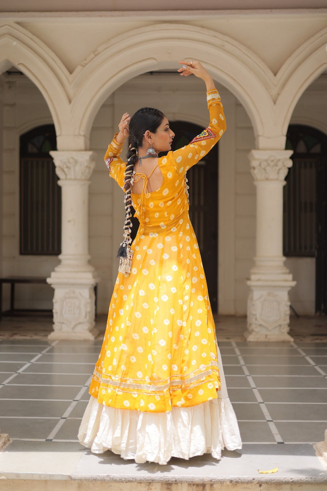 A Designer Bandhani Print Kurti with Kora Cotton Lehenga