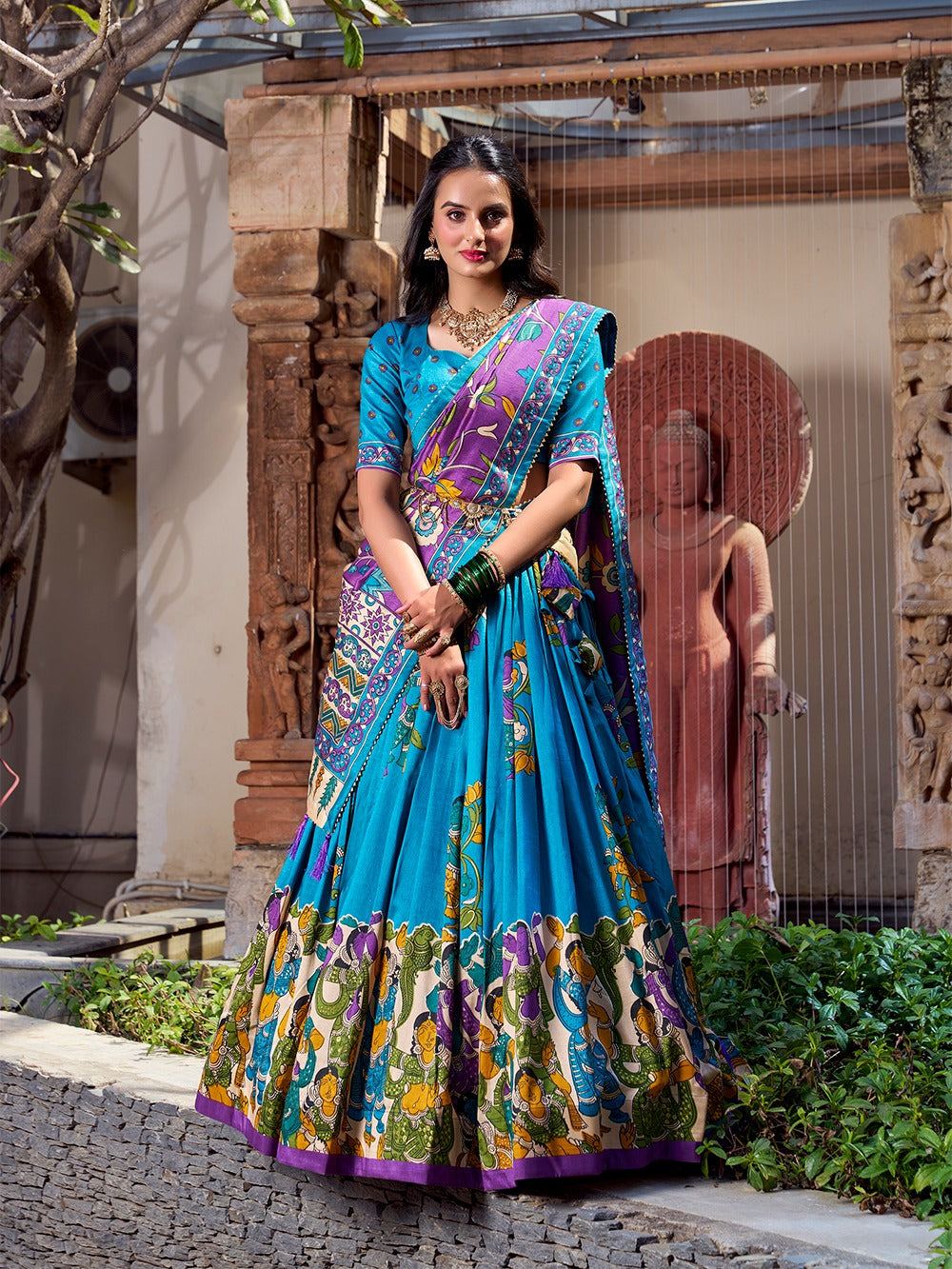 Floral Foil Print Tussar Silk Lehenga Choli Set