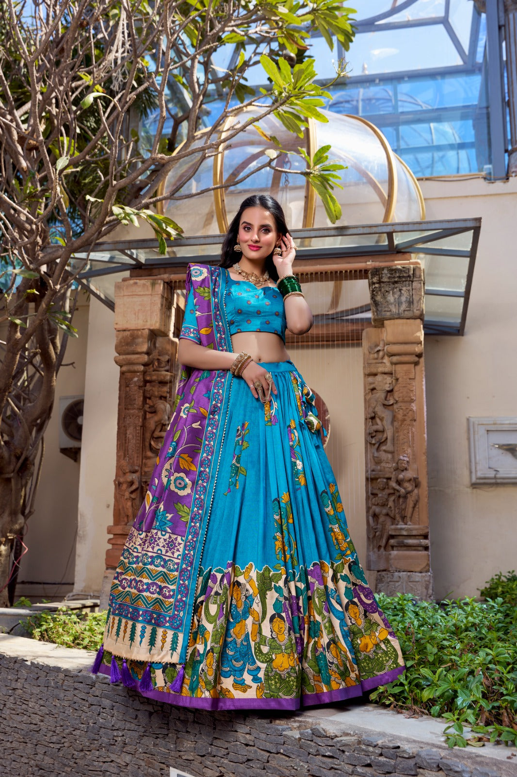 Floral Foil Print Tussar Silk Lehenga Choli Set