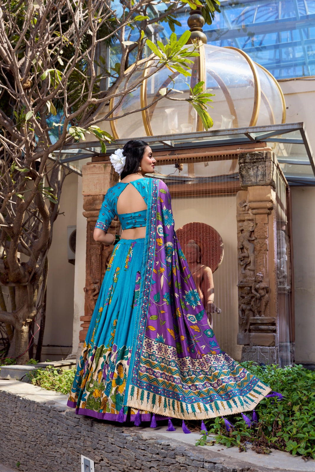 Floral Foil Print Tussar Silk Lehenga Choli Set