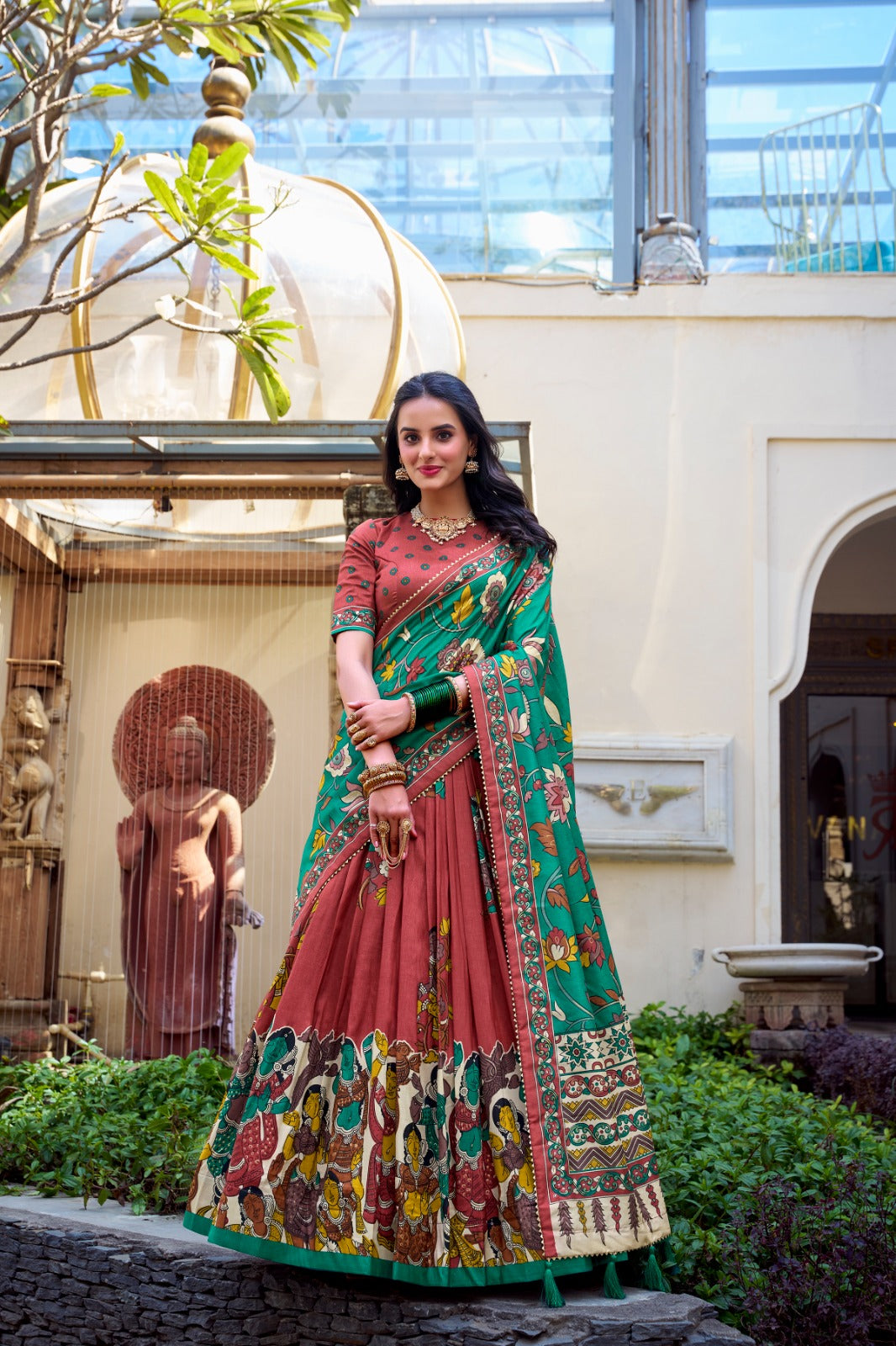Floral Foil Print Tussar Silk Lehenga Choli Set
