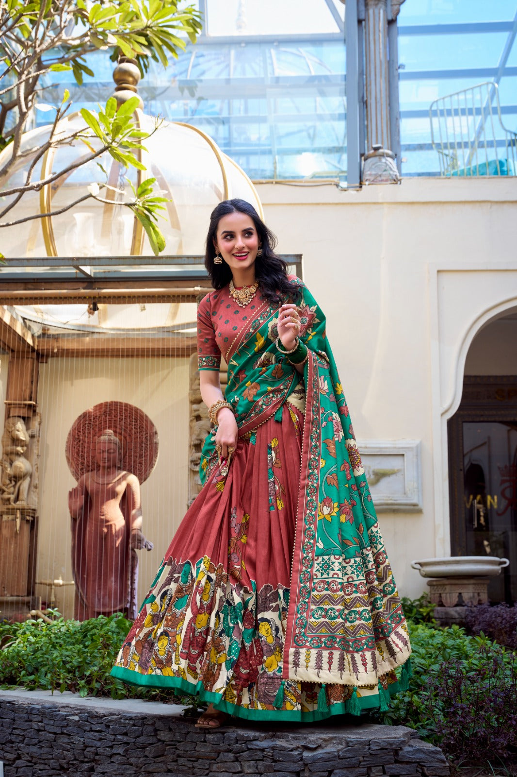 Floral Foil Print Tussar Silk Lehenga Choli Set