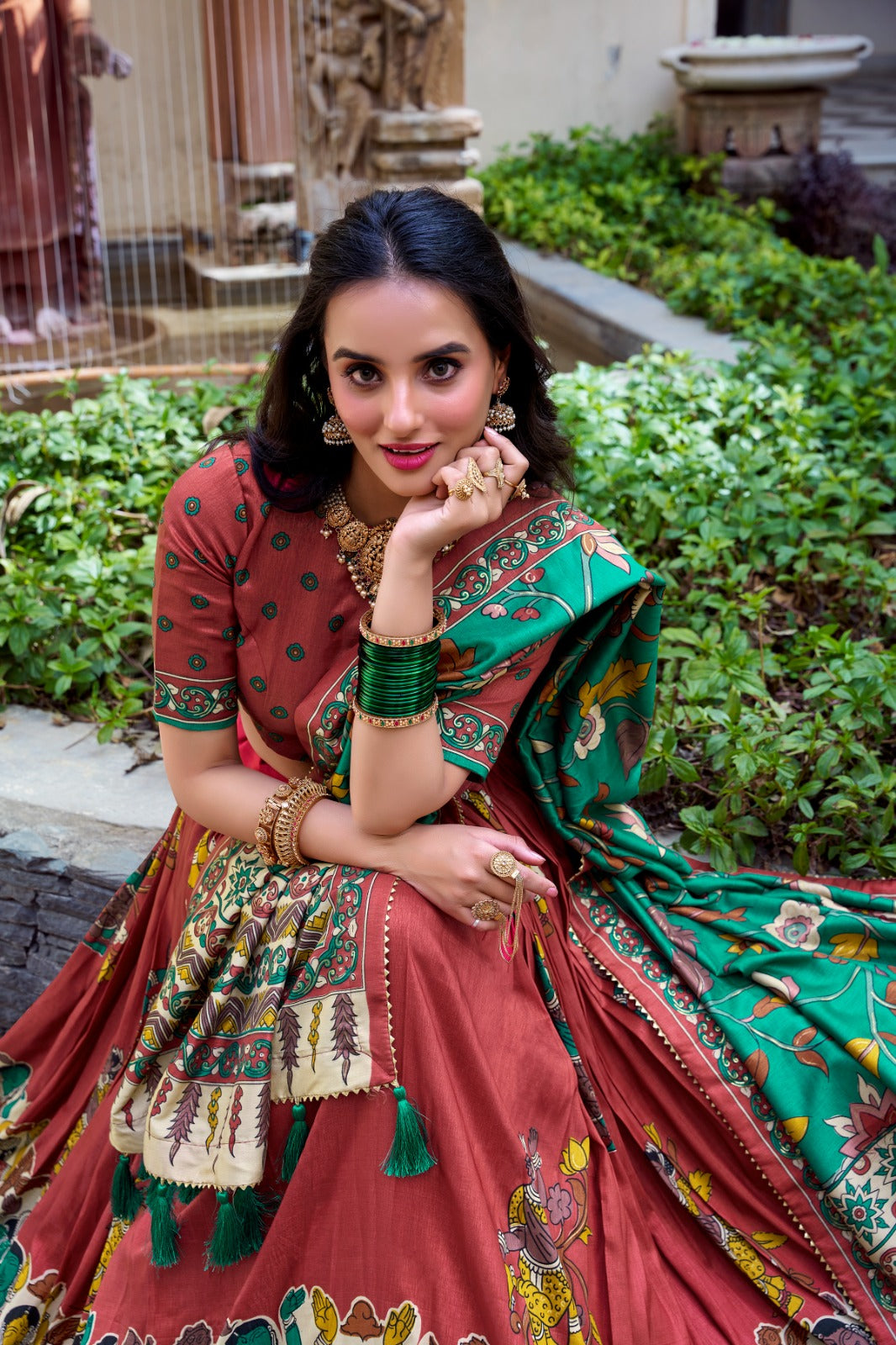 Floral Foil Print Tussar Silk Lehenga Choli Set