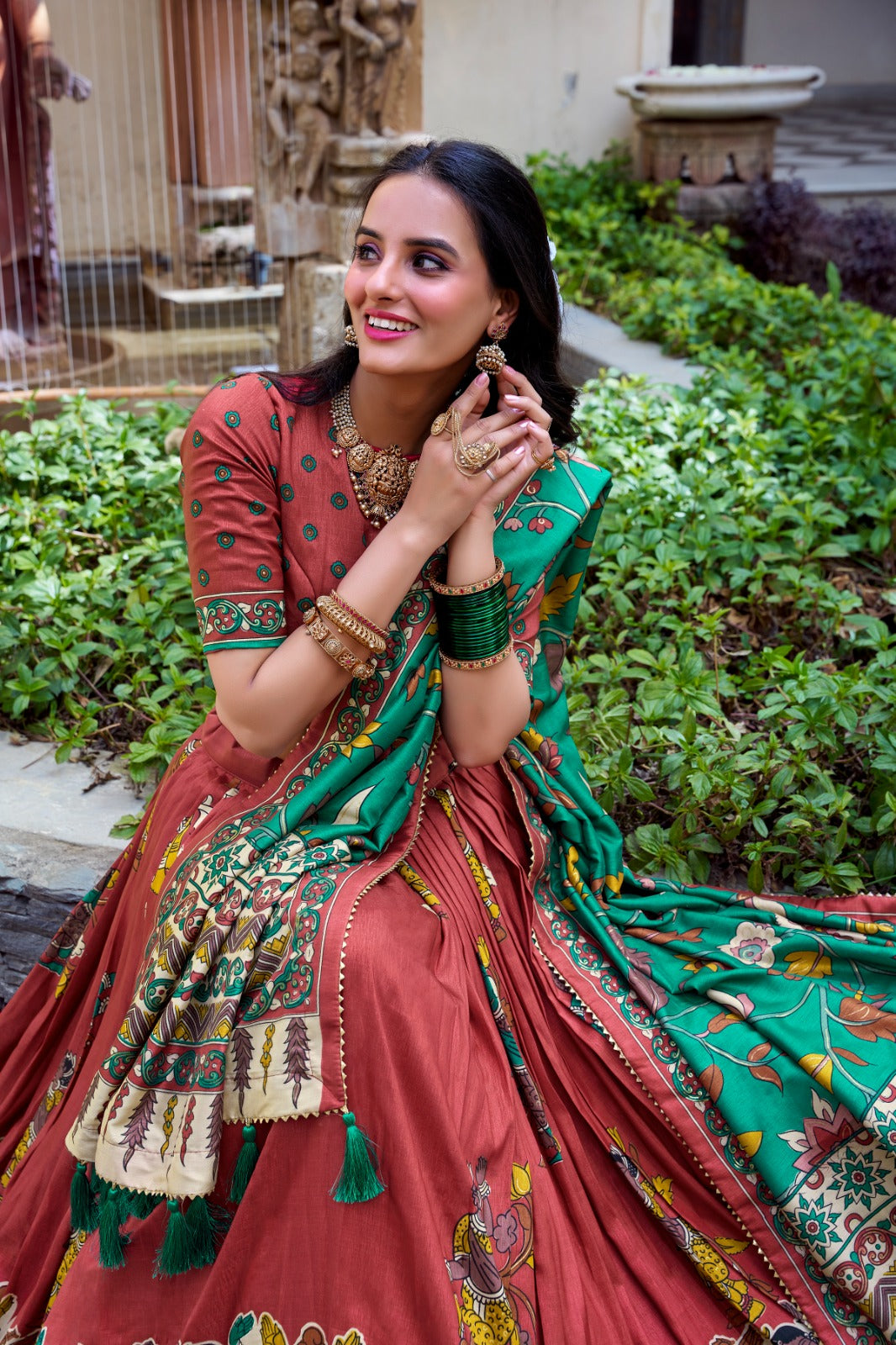 Floral Foil Print Tussar Silk Lehenga Choli Set