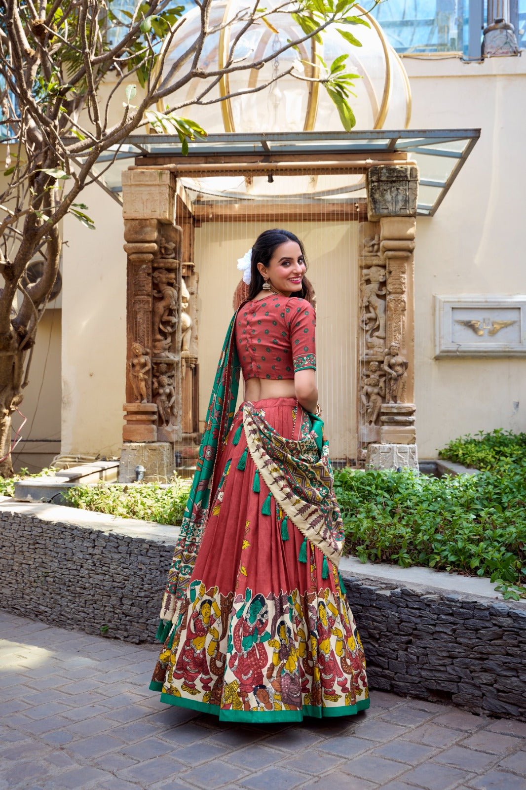 Floral Foil Print Tussar Silk Lehenga Choli Set