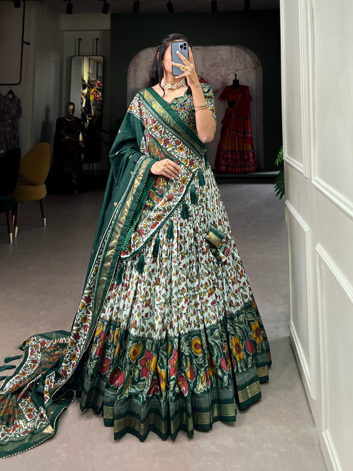 Stylish Tassel Border Dupatta with Floral Printed Silk Lehenga Choli