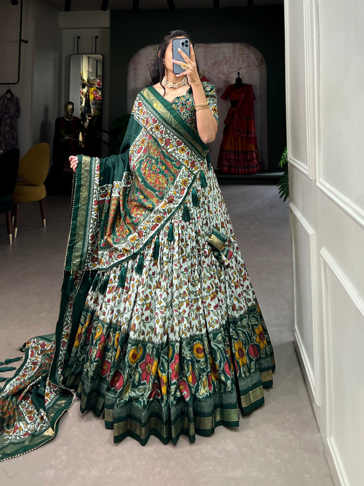 Stylish Tassel Border Dupatta with Floral Printed Silk Lehenga Choli