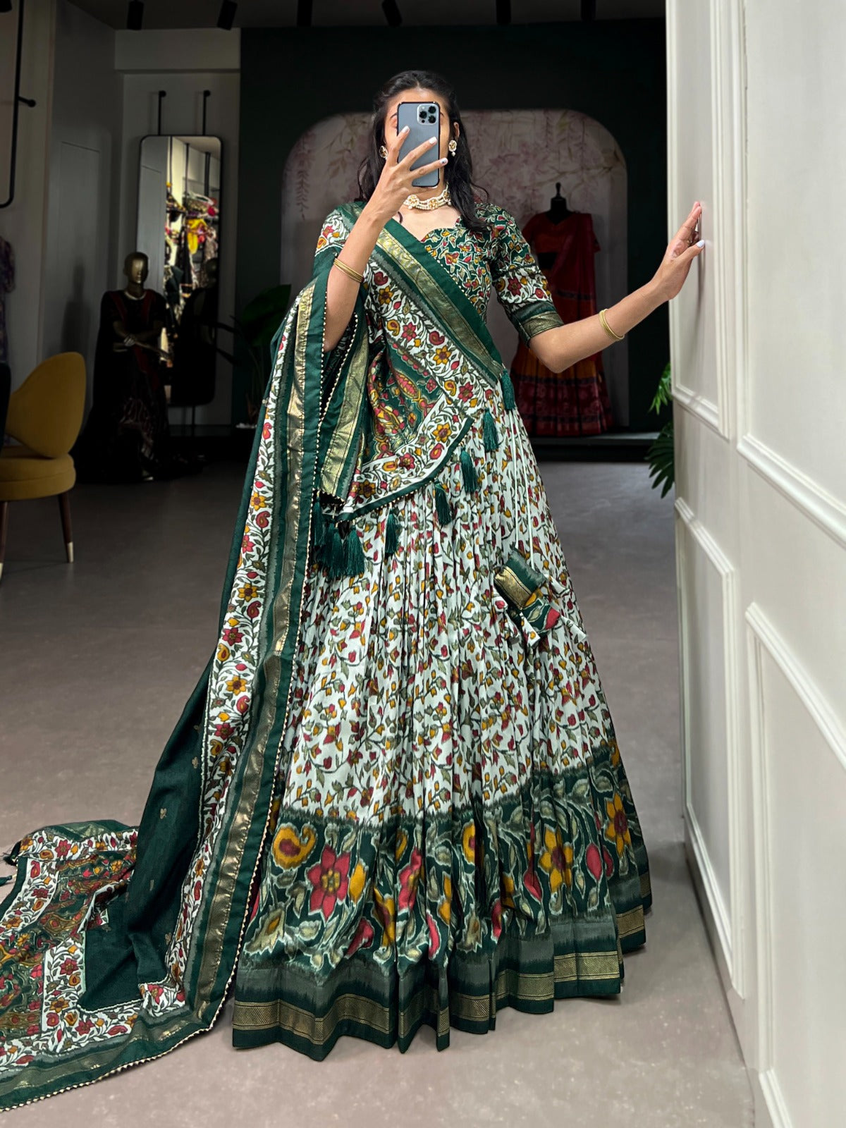Stylish Tassel Border Dupatta with Floral Printed Silk Lehenga Choli