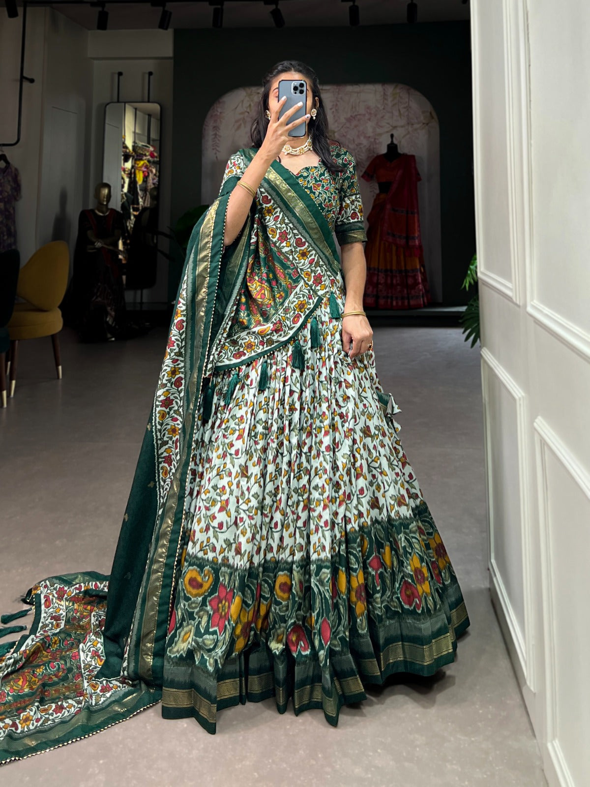 Stylish Tassel Border Dupatta with Floral Printed Silk Lehenga Choli