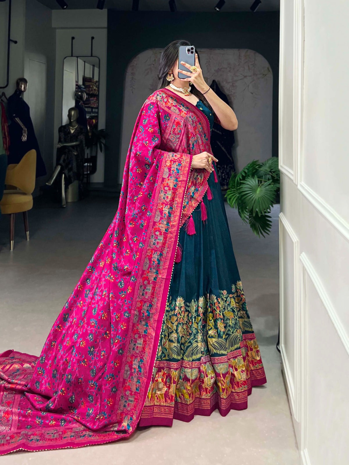 Complete Ethnic Look with Floral Print Tusser Silk Lehenga and Tassels