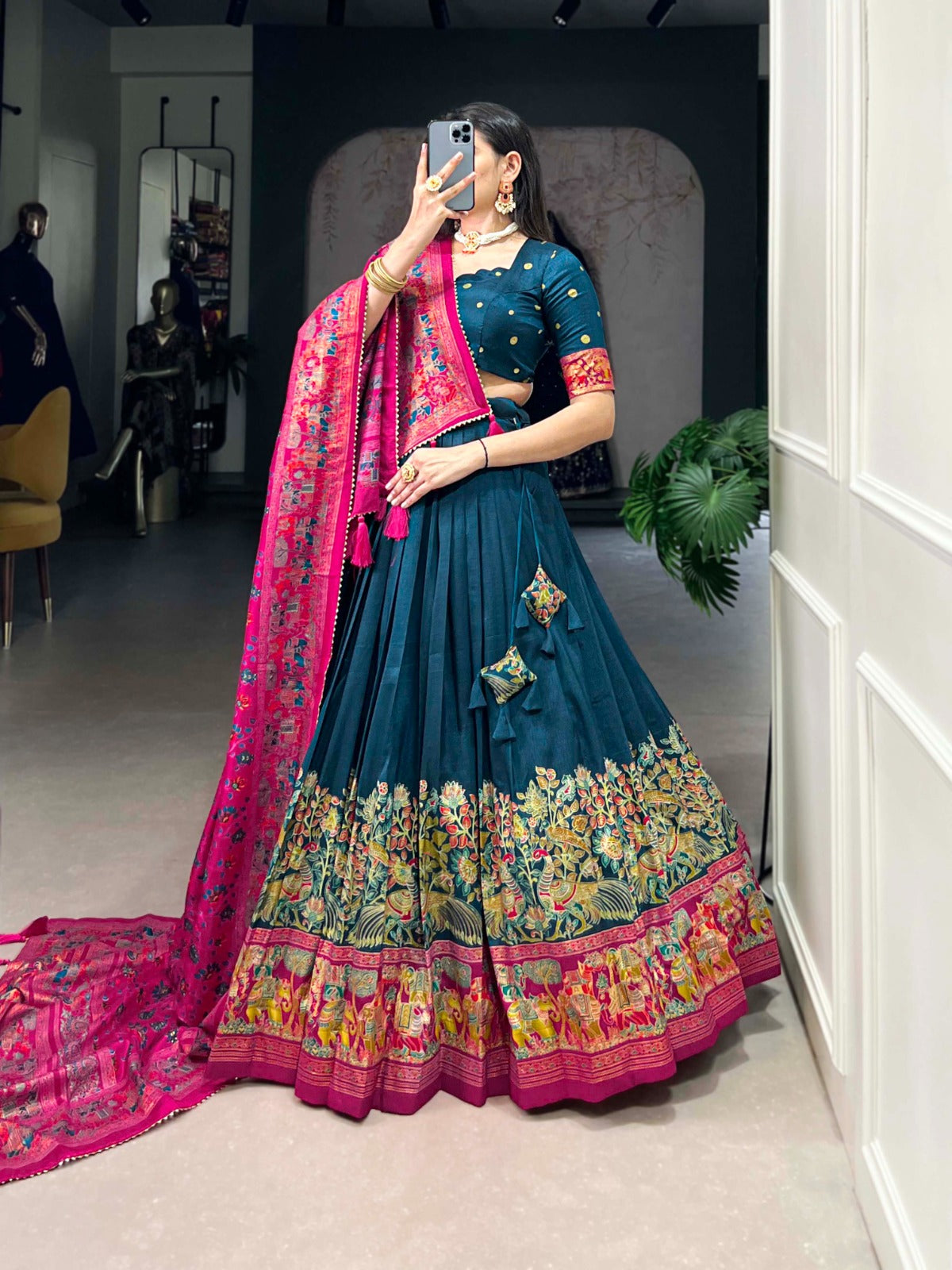 Complete Ethnic Look with Floral Print Tusser Silk Lehenga and Tassels