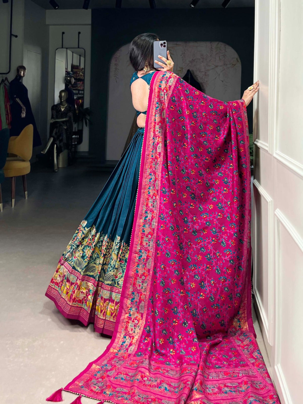 Complete Ethnic Look with Floral Print Tusser Silk Lehenga and Tassels