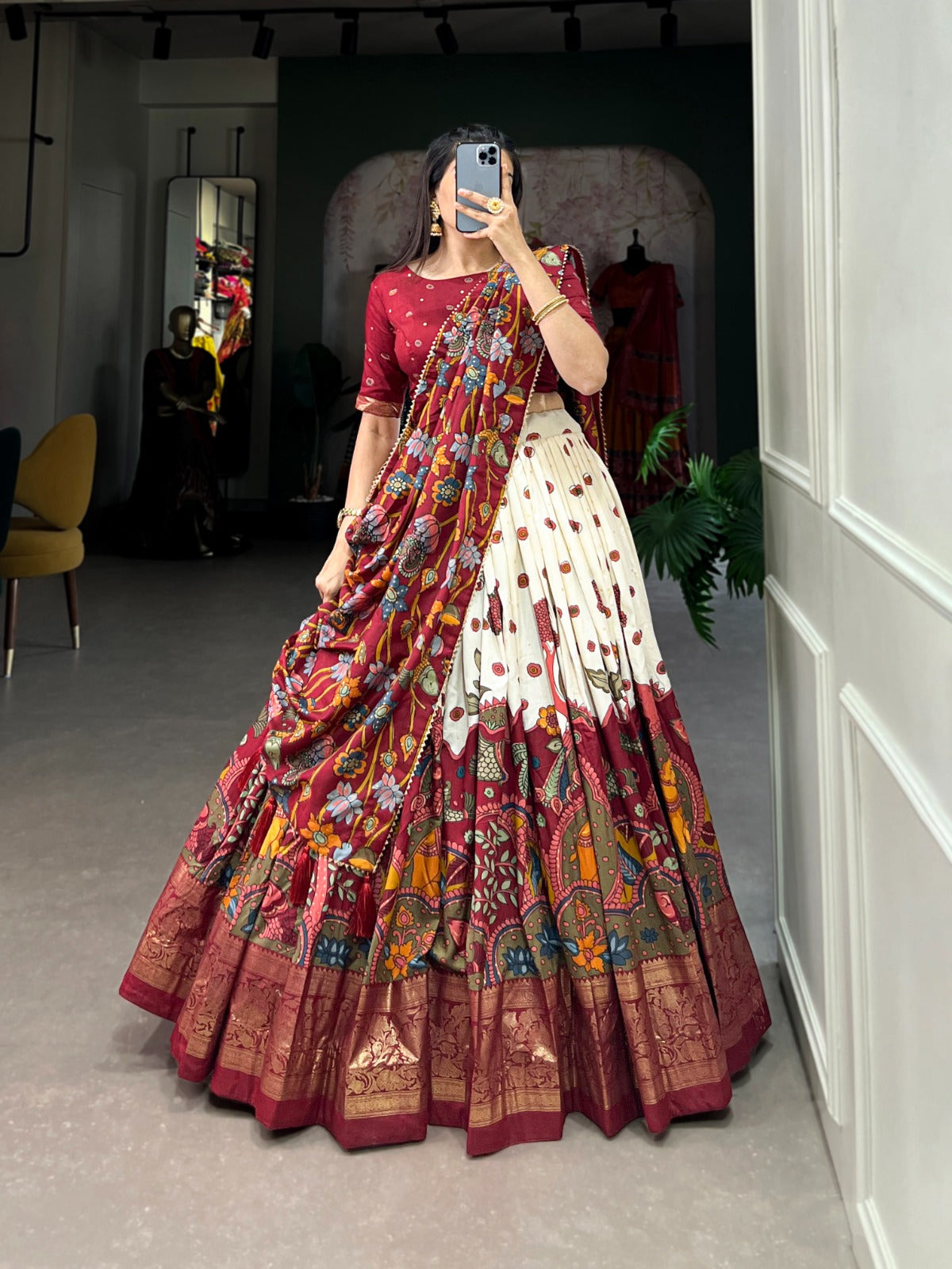 Festive-Ready Designer Chaniya Choli in Printed Tussar Silk with Zip Closure
