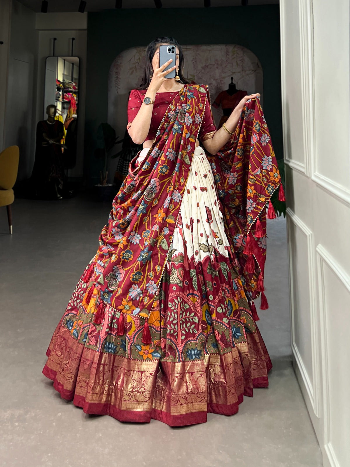 Festive-Ready Designer Chaniya Choli in Printed Tussar Silk with Zip Closure