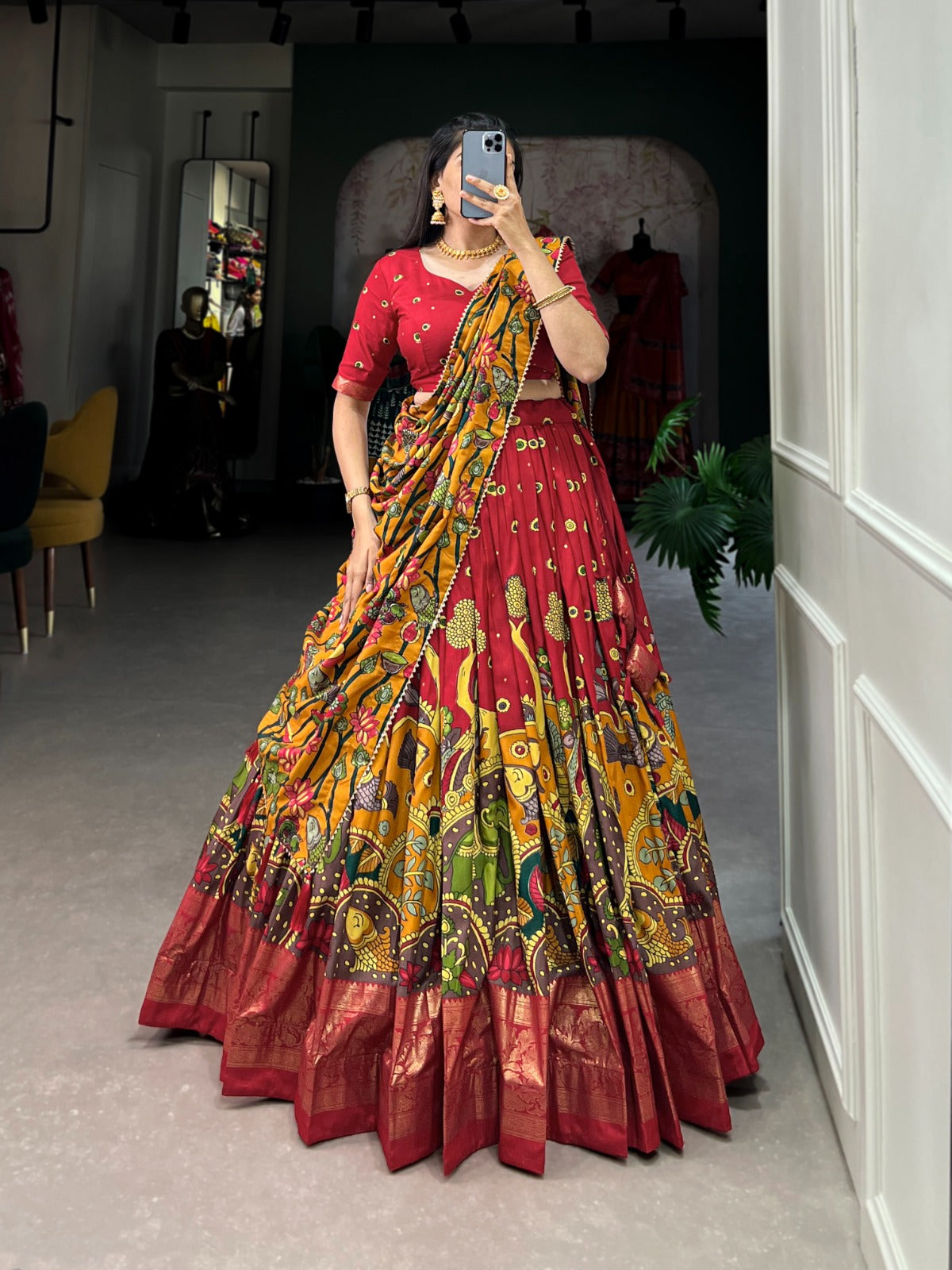 Festive-Ready Designer Chaniya Choli in Printed Tussar Silk with Zip Closure