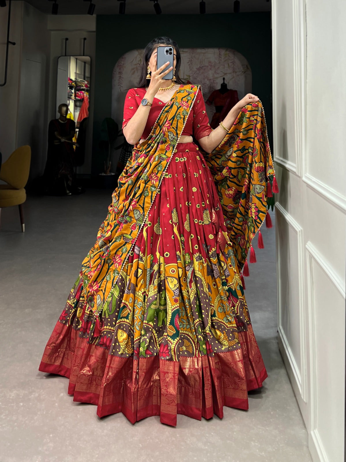 Festive-Ready Designer Chaniya Choli in Printed Tussar Silk with Zip Closure