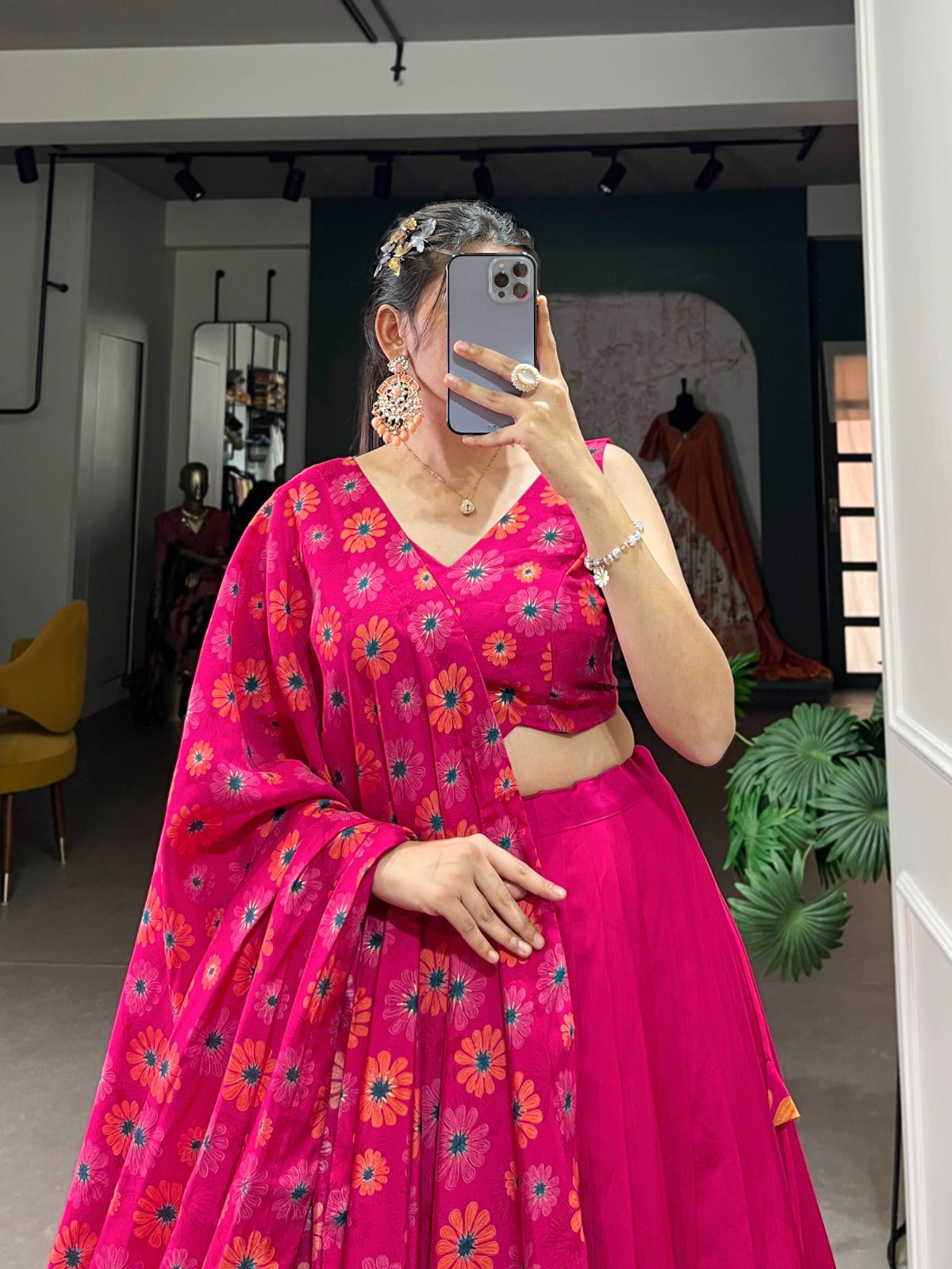 Complete Ethnic Look with Floral Print Tusser Silk Lehenga and Tassels