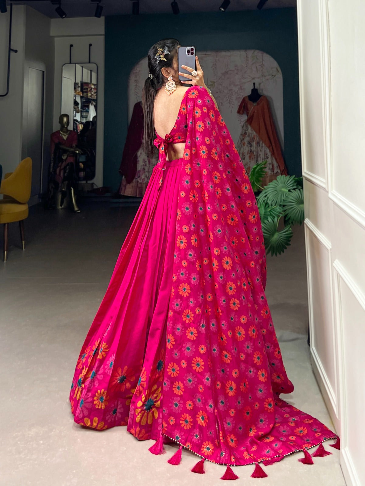 Complete Ethnic Look with Floral Print Tusser Silk Lehenga and Tassels