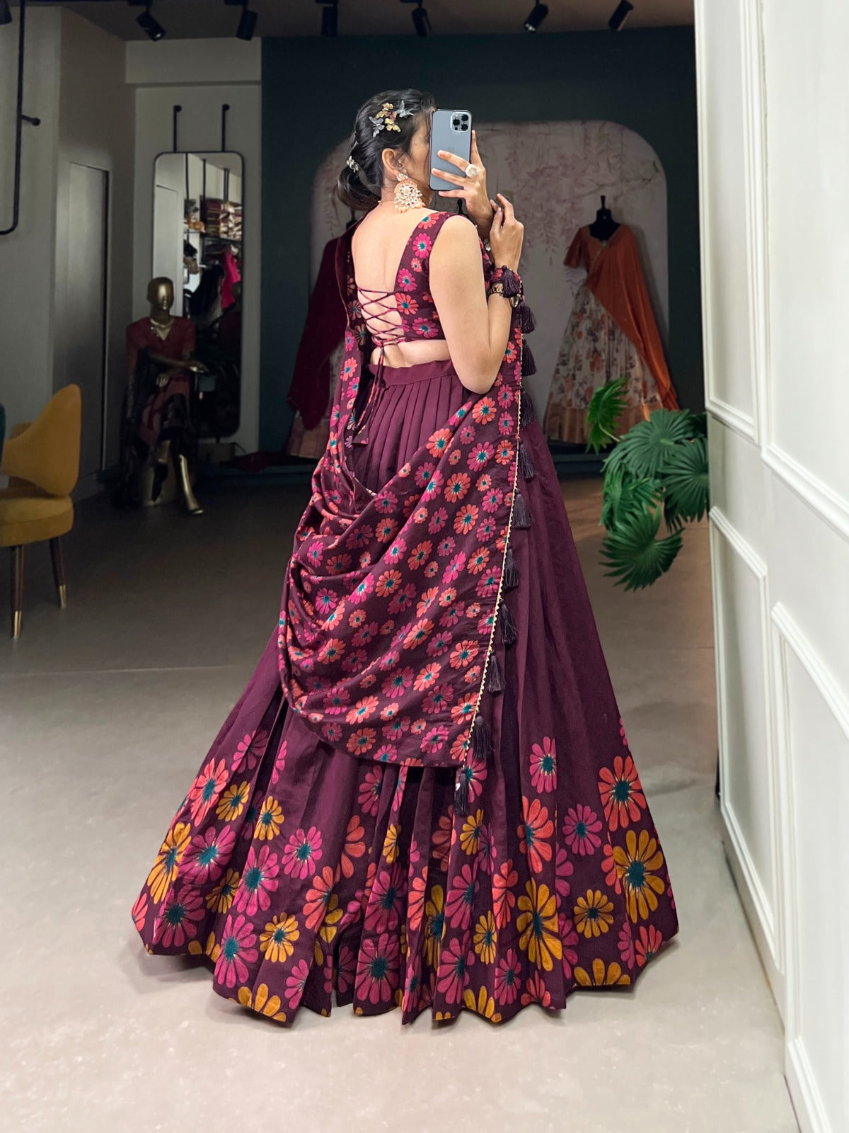 Stitched Silk Lehenga with Floral Work, Tassels, and Canvas Belt Finish
