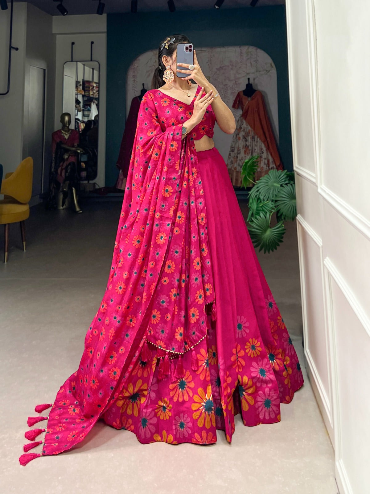 Complete Ethnic Look with Floral Print Tusser Silk Lehenga and Tassels