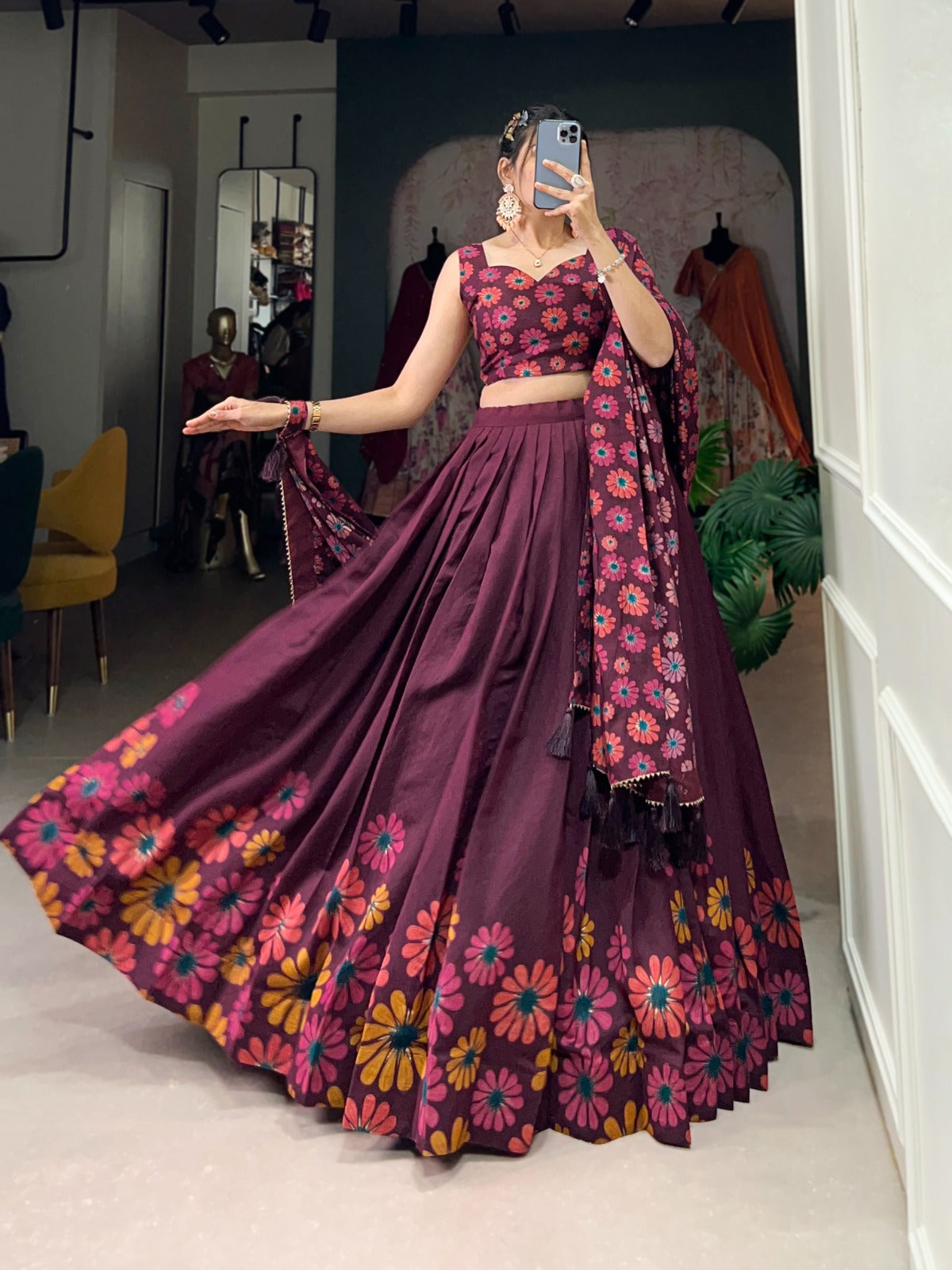 Stitched Silk Lehenga with Floral Work, Tassels, and Canvas Belt Finish