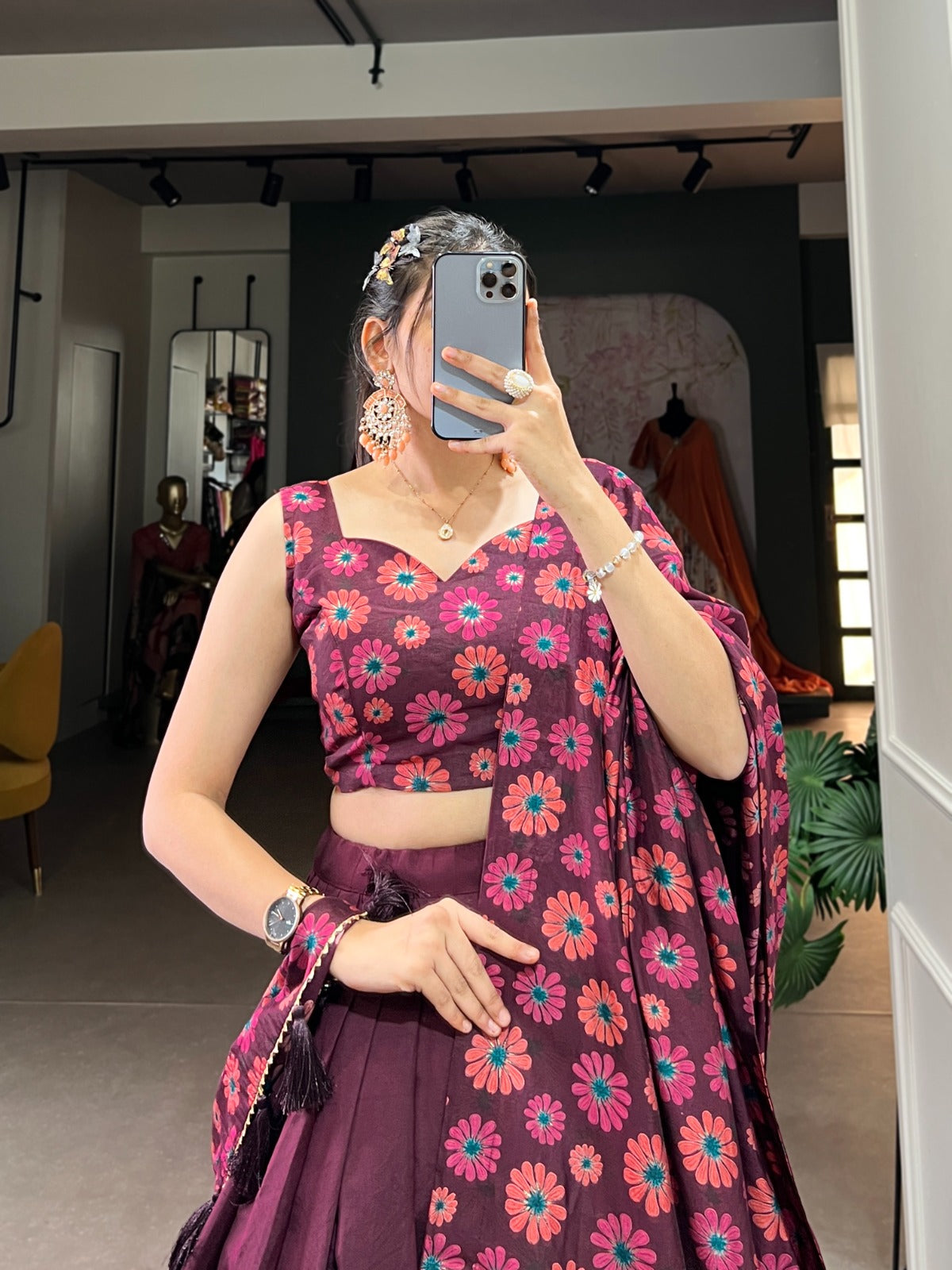 Stitched Silk Lehenga with Floral Work, Tassels, and Canvas Belt Finish