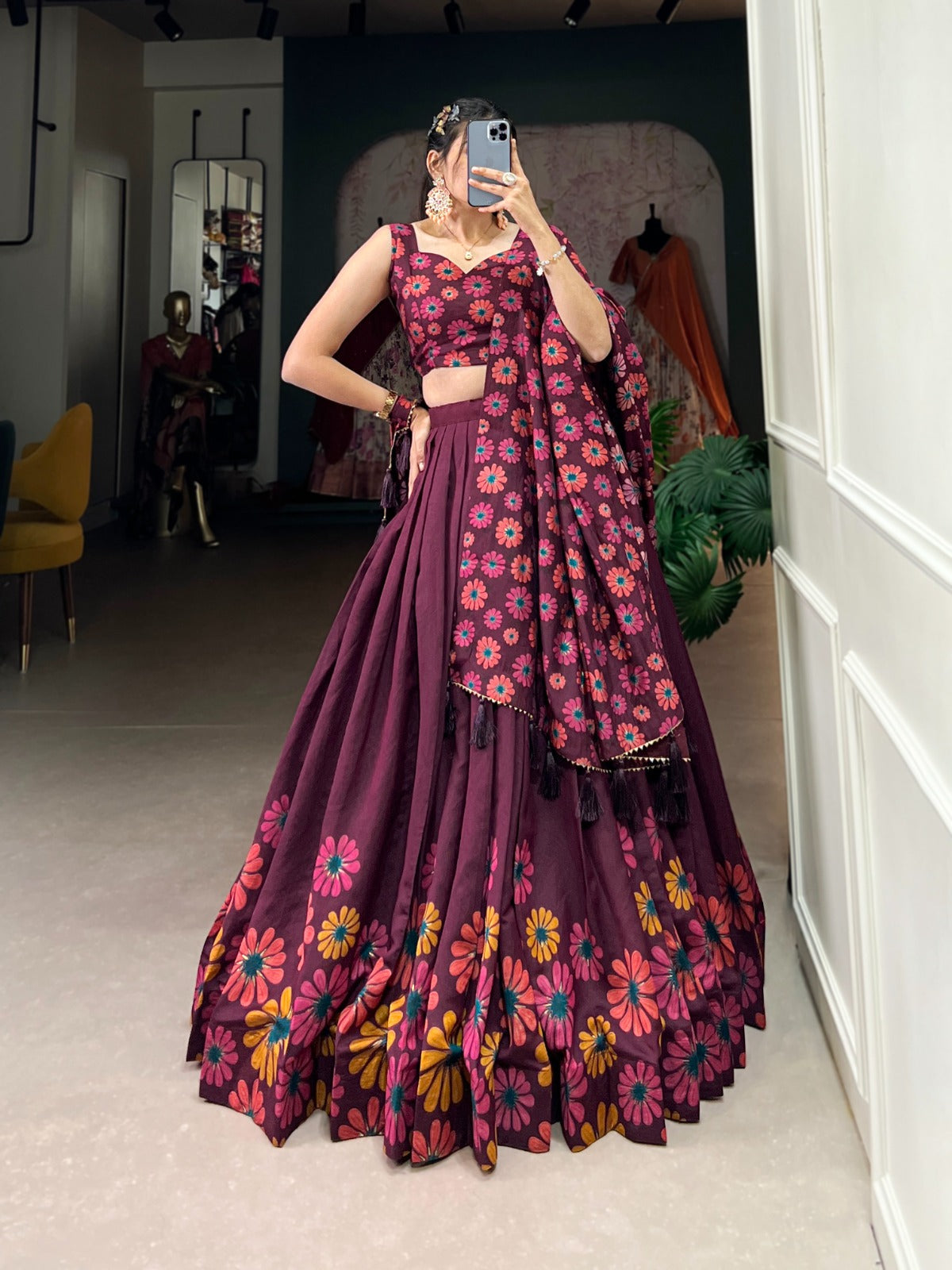 Stitched Silk Lehenga with Floral Work, Tassels, and Canvas Belt Finish