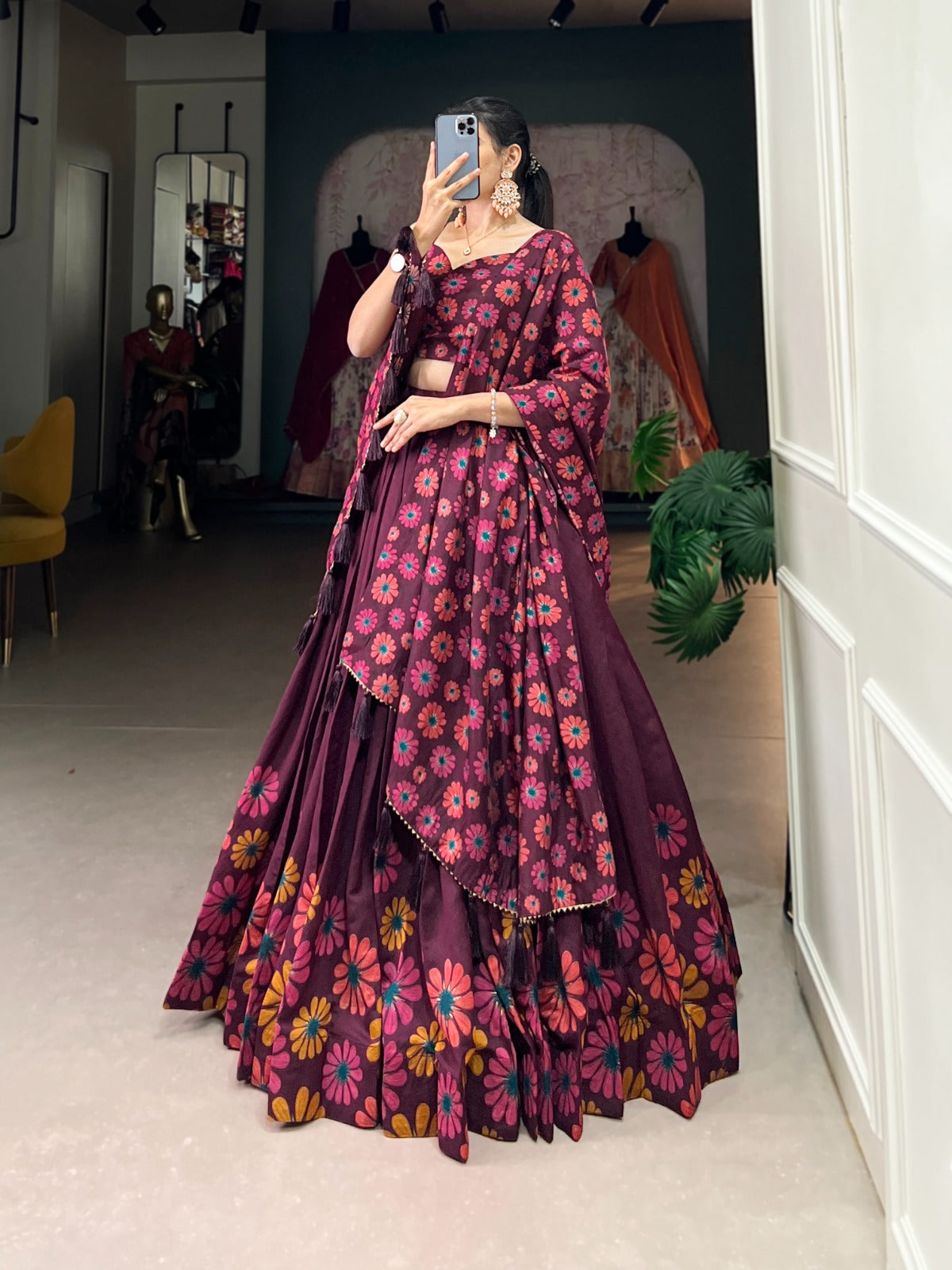 Stitched Silk Lehenga with Floral Work, Tassels, and Canvas Belt Finish