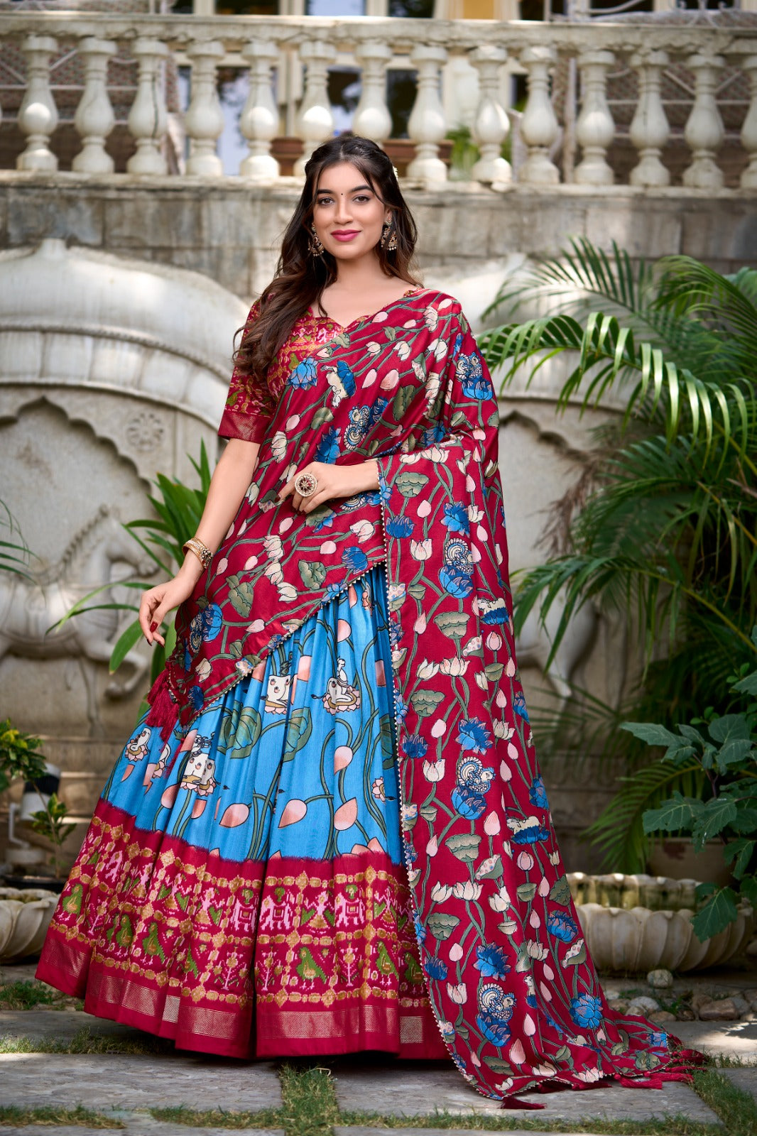 Stylish Tassel Border Dupatta with Floral Printed Silk Lehenga Choli