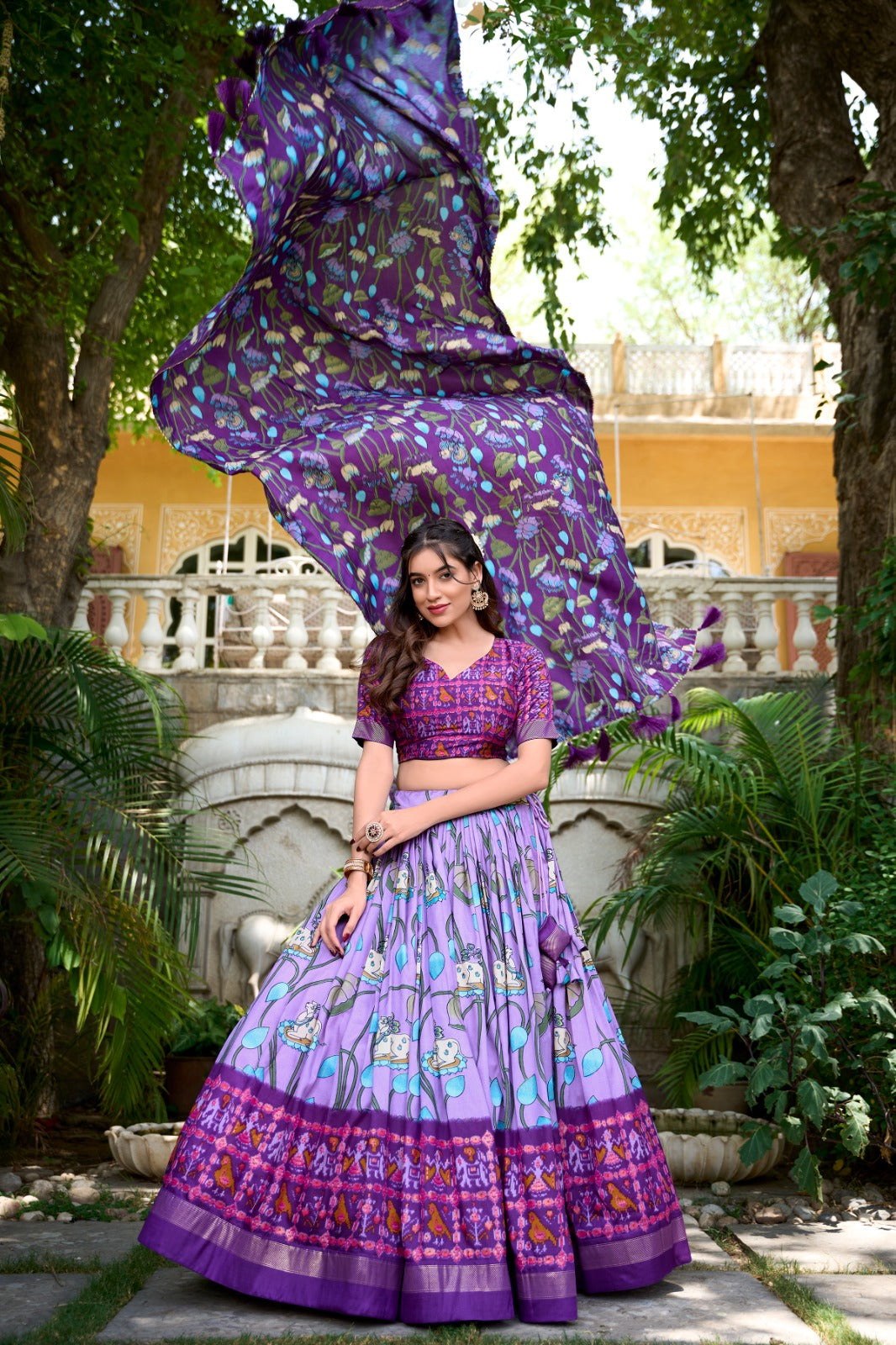 Stylish Tassel Border Dupatta with Floral Printed Silk Lehenga Choli