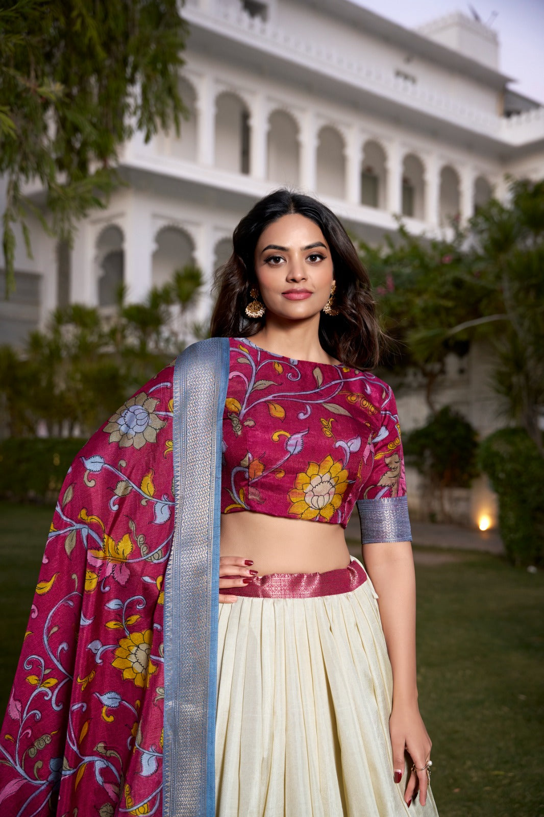 Complete Ethnic Look with Floral Print Tusser Silk Lehenga and Tassels