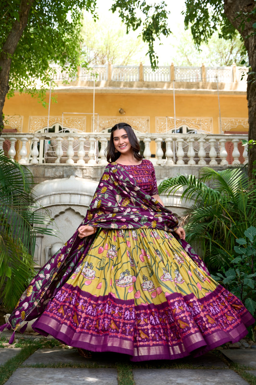 Floral Foil Print Tussar Silk Lehenga Choli Set
