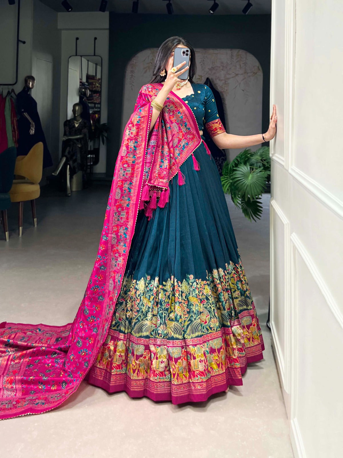 Complete Ethnic Look with Floral Print Tusser Silk Lehenga and Tassels