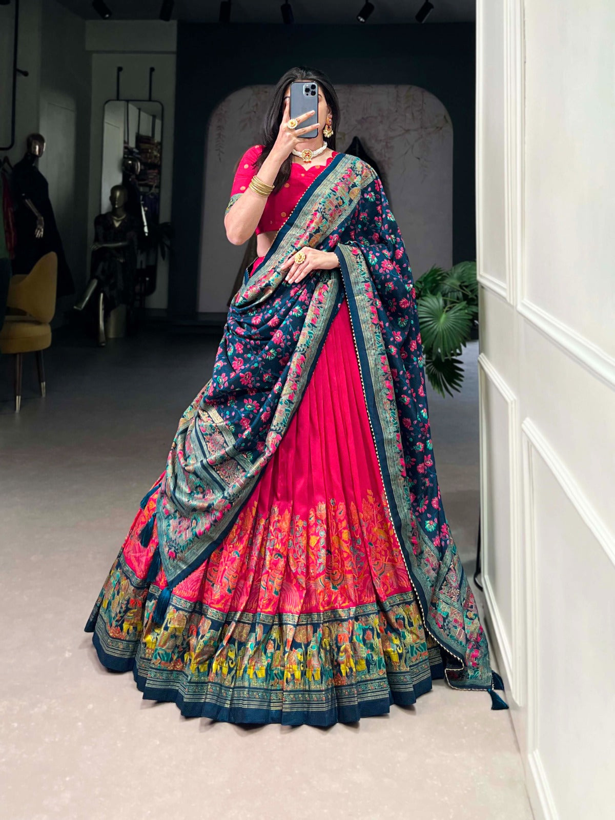 Floral Foil Print Tussar Silk Lehenga Choli Set