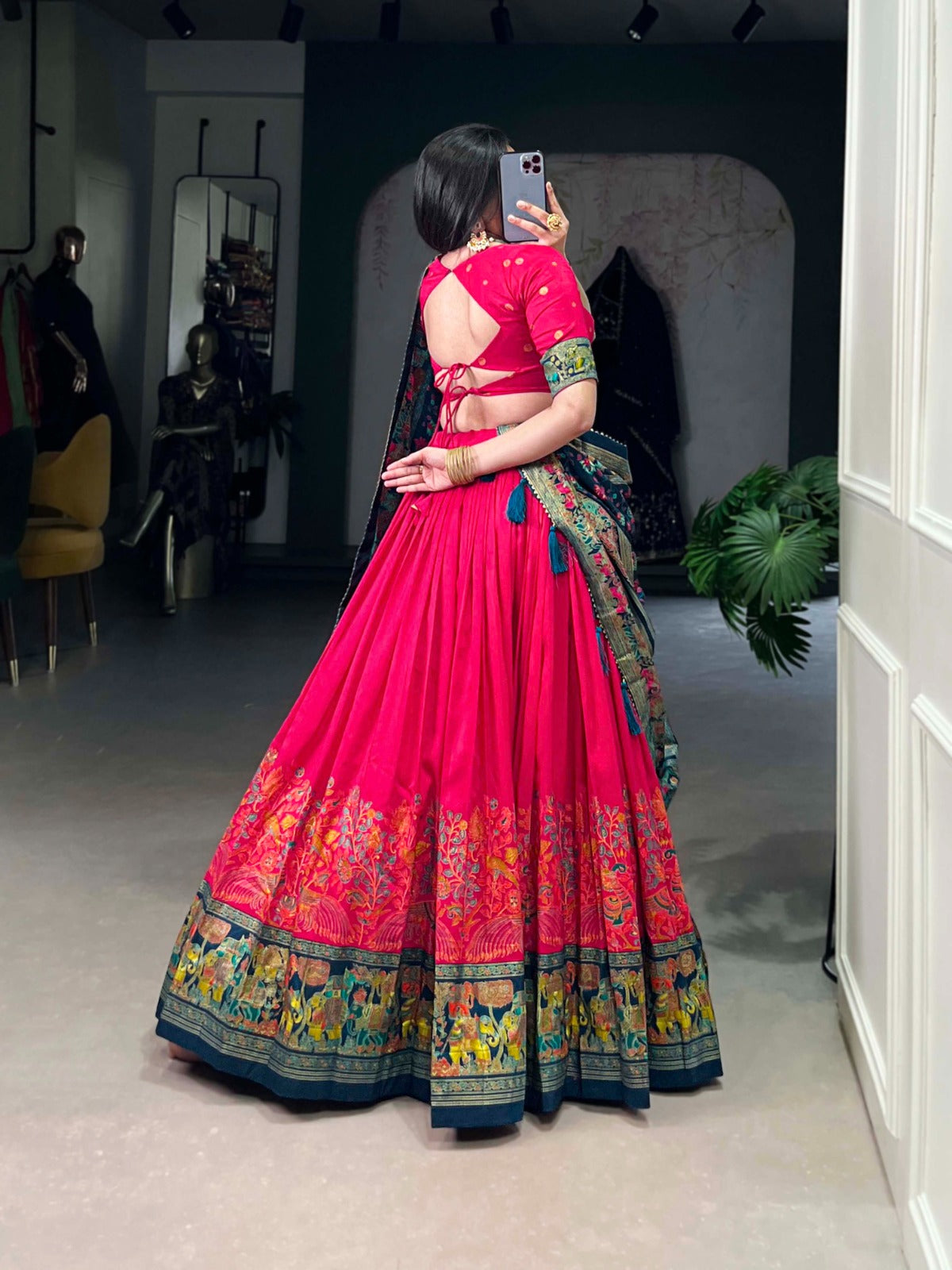 Floral Foil Print Tussar Silk Lehenga Choli Set