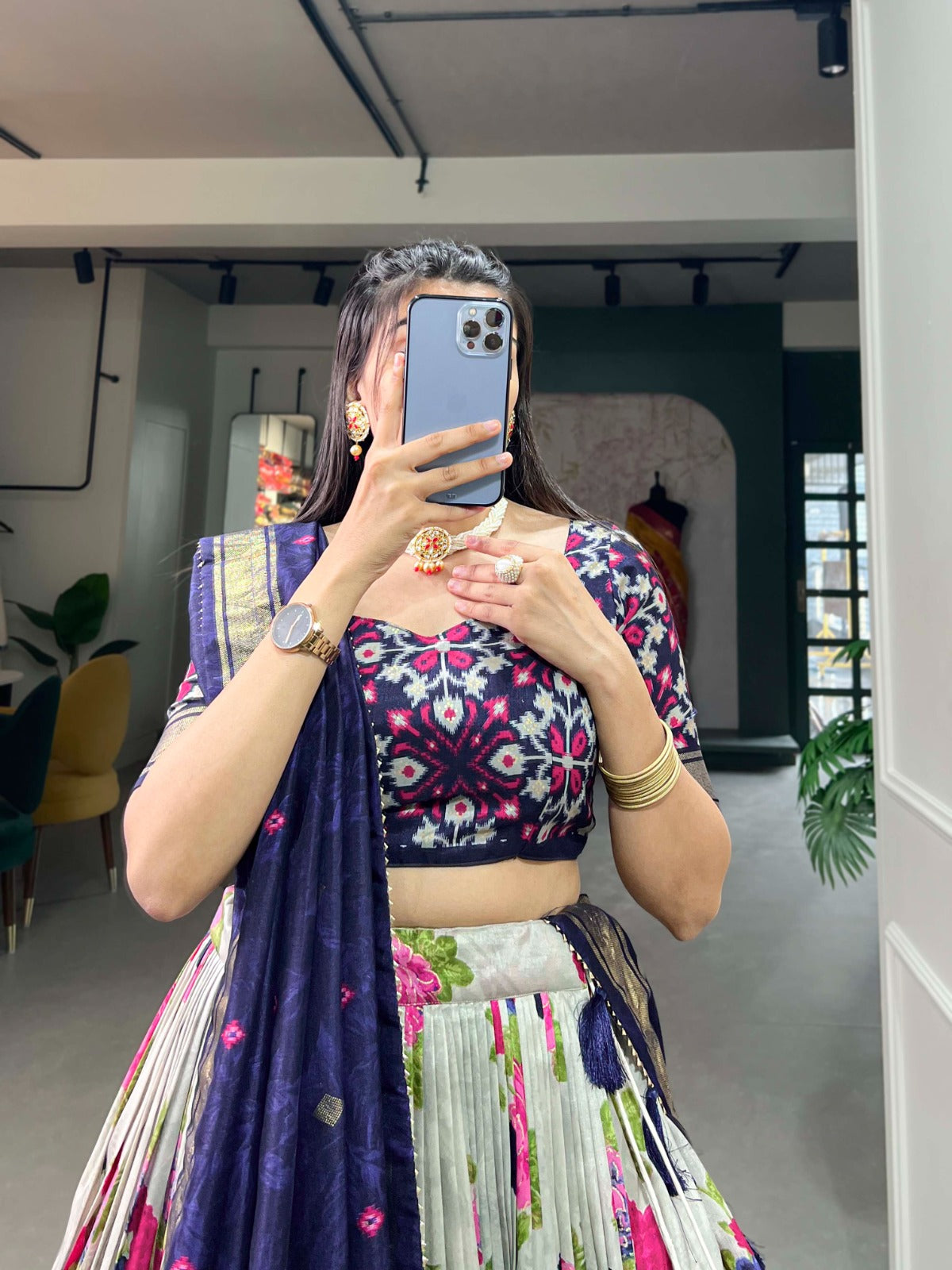 xquisite Floral Fantasy: Tusser Silk Lehenga Choli with Intricate Print and Dupatta