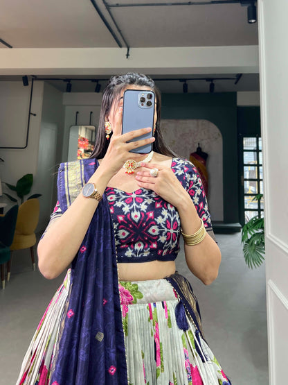 xquisite Floral Fantasy: Tusser Silk Lehenga Choli with Intricate Print and Dupatta