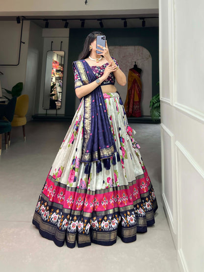 xquisite Floral Fantasy: Tusser Silk Lehenga Choli with Intricate Print and Dupatta